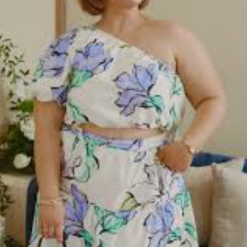 a new day White Floral One-Shoulder Skirt Set with Lavender and Green Print
